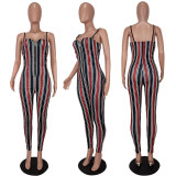 SC Stripe Print Contrast Color Sling Jumpsuit GEYF-6205
