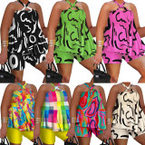 SC Plus Size Sexy Print Halter Loose Two Piece Shorts Set NY-10445