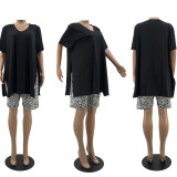 SC Plus Size Solid Split T Shirt And Leopard Print Shorts 2 Piece Set MUKF-M055