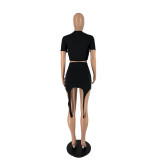 SC Fashion Letter Round Neck Short Sleeve Mini Skirt Suit IV-8397