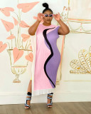 SC Plus Size Printed Contrast Color Irregular Long Dress HTF-6093