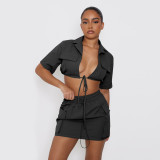 SC Short Sleeve Tie Up Crop Tops And Skirt Two Piece Set DDF-88201