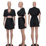 SC Solid Color V Neck Waist Belt Skirts Two Piece Set YD-8711