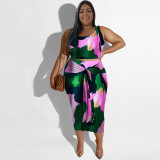 SC Plus Size Print Sleeveless Tie Up Two Piece Skirt Set NNWF-7817