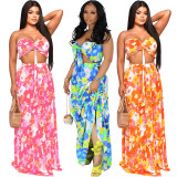 SC Print Tie Up Tube Tops And Big Swing Skirt 2 Piece Set XMY-9410