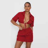 SC Short Sleeve Tie Up Crop Tops And Skirt Two Piece Set DDF-88201