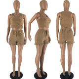 SC Fashion Rice Grain Velvet Vest Shorts Two Piece Set FOSF-8353