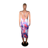 SC Tie Dye Print Sling Backless Midi Dress BS-1342