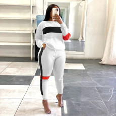 SC Stripe Patchwork Sweatshirt Casual Sport Two Piece Pants Set SH-390450