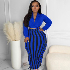 SC Plus Size Long Sleeve Top Striped Tassel Long Skirt Sets LP-66326