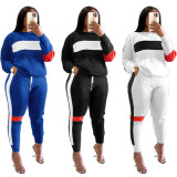 SC Stripe Patchwork Sweatshirt Casual Sport Two Piece Pants Set SH-390450