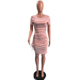 SC Stripe Print Split Drawstring Mini Dress OMY-11013