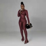SC Solid Color Irregular PU Leather Two Piece Pant Set CQF-90125