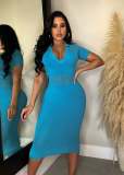 SC Solid Color V Neck Knits Hollow Out Midi Dress OSM-4391