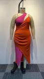SC Plus Size Contrast Color Slash Shoulder Maxi Dress NY-10463