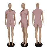 SC Solid Color Short Sleeve Shirt And Shorts Two Piece Set GEYF-68579