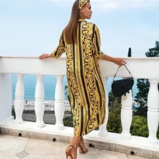 SC Casual Print 3/4 Sleeve Long Dress With Headscarf GYSF-6113
