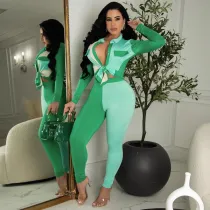 SC Print Color Blocking Long Sleeve Two Piece Pants Set SMR-11267