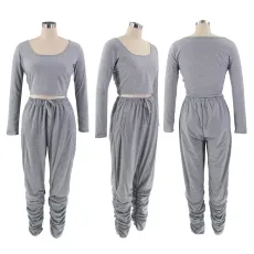SC Solid Color Long Sleeve Pleated Pants Two Piece Set HNIF-8038