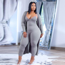 SC Plus Size Solid Long Cardigan And Sling Jumpsuit Two Piece Set NNWF-3179