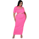 SC Plus Size Hollow Out Short Sleeve Tight Skirt Two Piece Set NNWF-3072