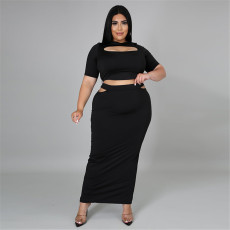 SC Plus Size Hollow Out Short Sleeve Tight Skirt Two Piece Set NNWF-3072