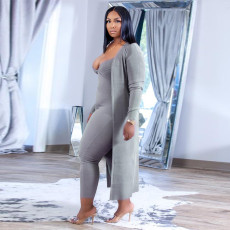 SC Plus Size Solid Long Cardigan And Sling Jumpsuit Two Piece Set NNWF-3179