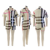 SC Plaid Fashion Short Sleeve Shorts Two Piece Set SFY-2316