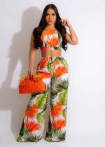 SC Sexy Print Bandage Tops And Wide Leg Pant Suit YD-8728