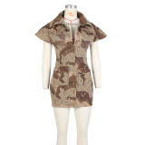 SC Camouflage Print Lapel Tight Mini Dress ZSD-0582