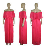 SC Off Shoulder Chiffon Pleated Maxi Dress With Liner ME-8338