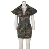 SC Camouflage Print Lapel Tight Mini Dress ZSD-0582