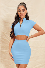SC Solid Zipper Crop Tops And Skirt Two Piece Set YNSF-1899