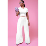 SC Casual Solid Short Sleeve Wide Leg Pant Two Piece Set FOSF-8361