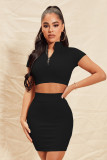 SC Solid Zipper Crop Tops And Skirt Two Piece Set YNSF-1899