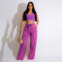 SC Solid Sleeveless Crop Tops And Pants Loose 2 Piece Set YF-10498