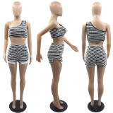 SC Stripe Print Single Shoulder Vest And Shorts Two Piece Set YUF-90121