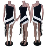 SC Ruffle Tassel Color blocking Sexy Dress MDF-5372