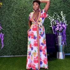 SC Printed Sexy Low-cut Tie Up Maxi Dress GDNY-036