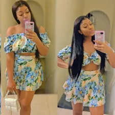 SC Printed Short Sleeve Crop Top+Pleated Skirt Set BN-9431