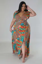 SC Plus Size Print Short Sleeve Maxi Dress TE-4627
