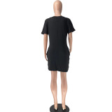 SC Print Solid Color V Neck Mini Dress WAF-008307