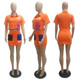 SC Letter Print Pocket Short Sleeve Skirt Suit MAE-2188