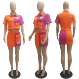SC Letter Print Color Block Short Sleeve Skirt Suit MAE-2187