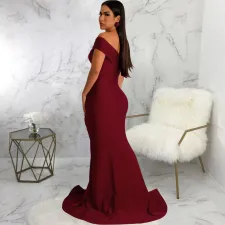 SC Slash Shoulder V Neck Slit Maxi Dress SMR-11882