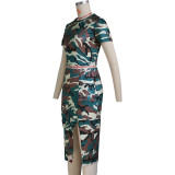 SC Camo Print O Neck T Shirt And Slit Skirt Two Piece Set YS-S860