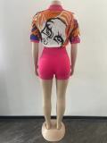 SC Print Lapel Neck Crop Tops And Shorts Sweater Suit OSM-4397