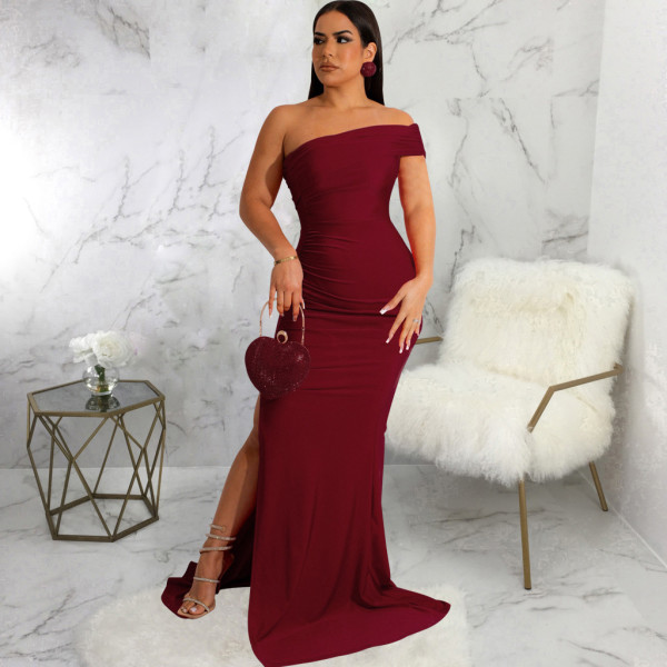 SC Slash Shoulder V Neck Slit Maxi Dress SMR-11882