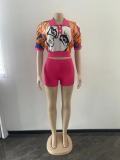 SC Print Lapel Neck Crop Tops And Shorts Sweater Suit OSM-4397