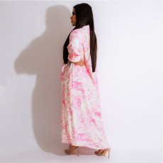 SC Vintage Print Lapels Loose Maxi Dress HNIF-2319